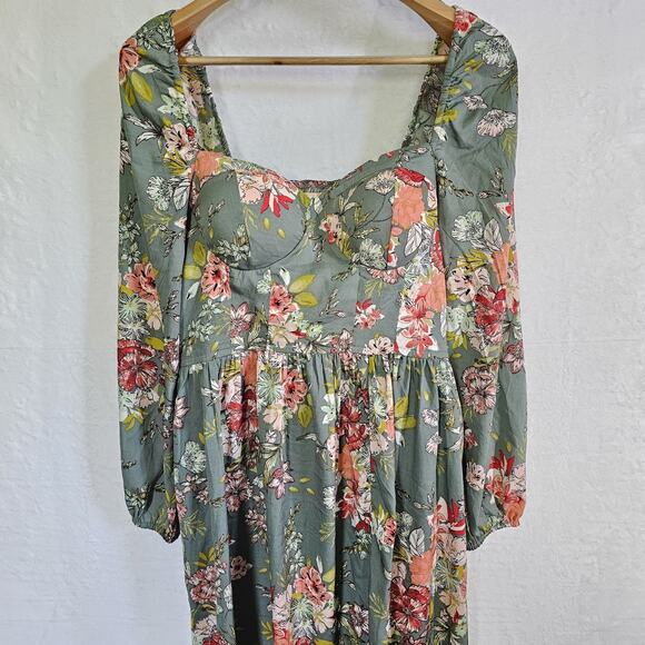BOG Collective Dress L Green Milkmaid Peasant Floral Cottagecore Smocked Boho - Picture 2 of 15